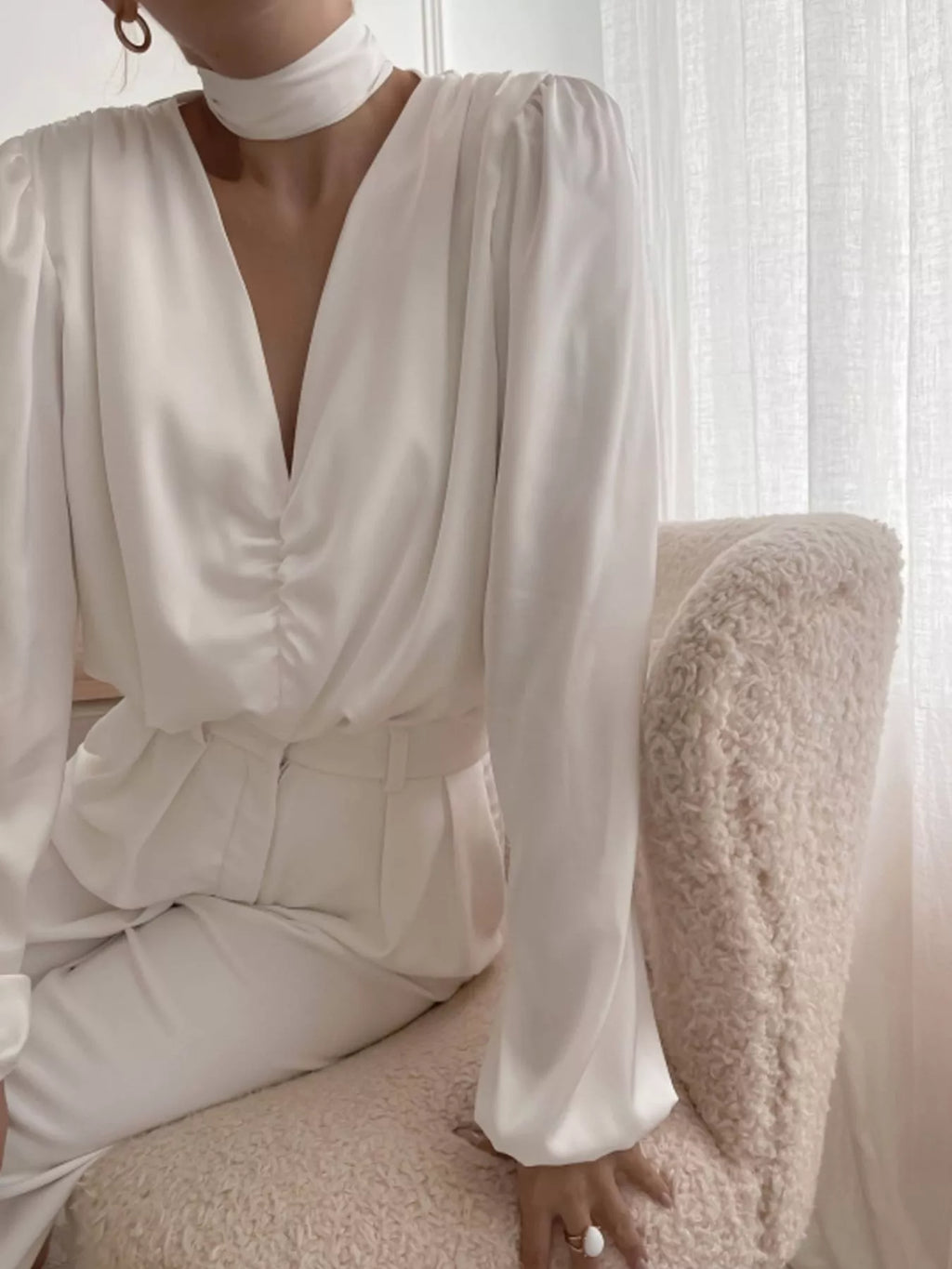 V-Neck Ruched Long Sleeve Blouse