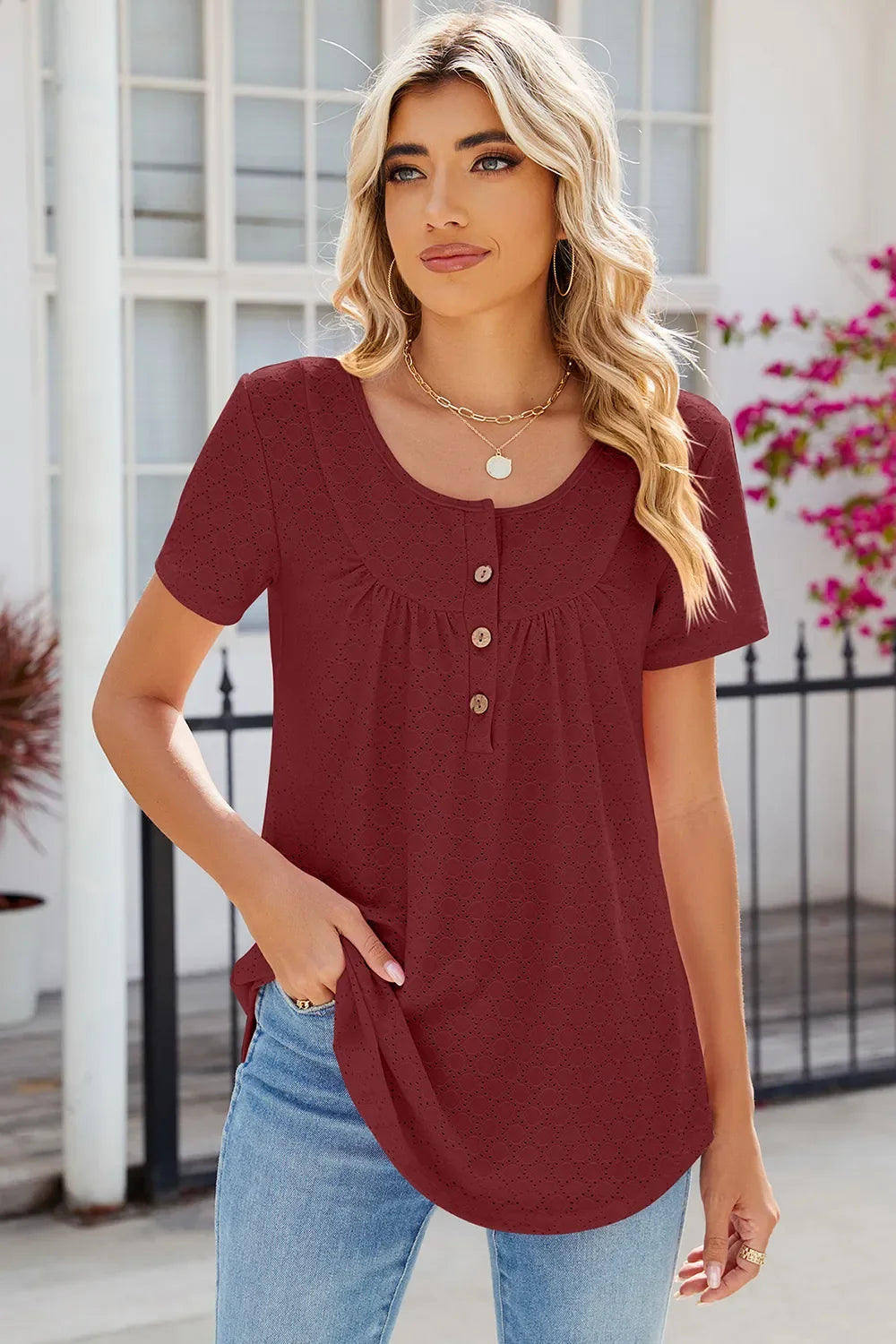 Eyelet Quarter Button Short Sleeve T-Shirt