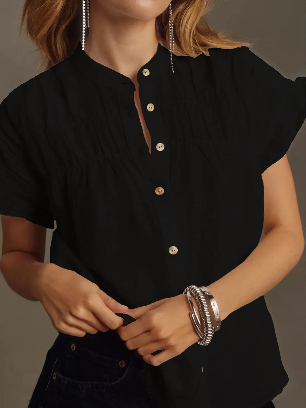 Ruffled Short Sleeve Button Up Shirt