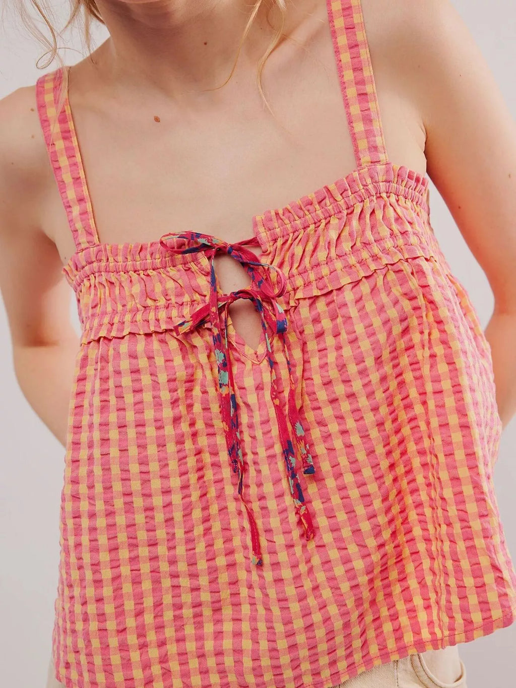 Smocked Gingham Tie-Front Cami