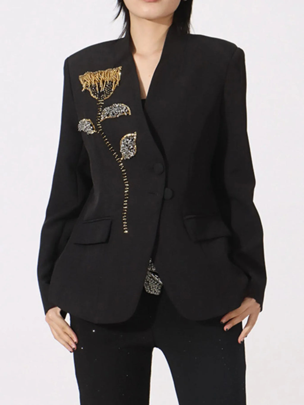Flower Button Front Long Sleeve Blazer