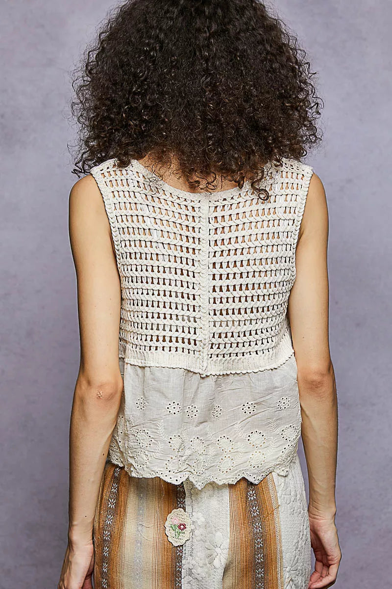POL Sleeveless Flowy Fit Crochet Top with Scalloped Border Accents