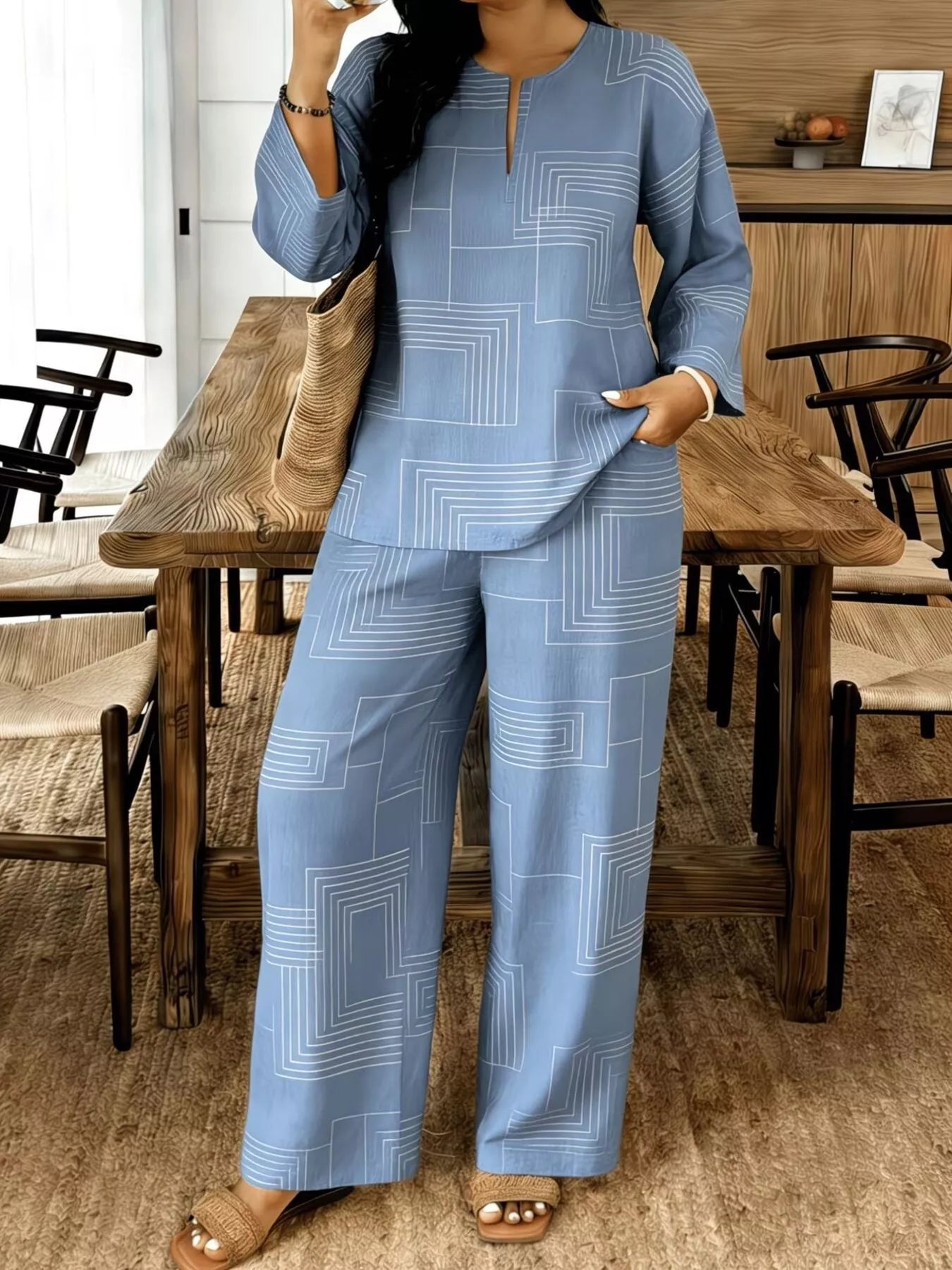 Geometric Print Relaxed Fit Top and Pants Set