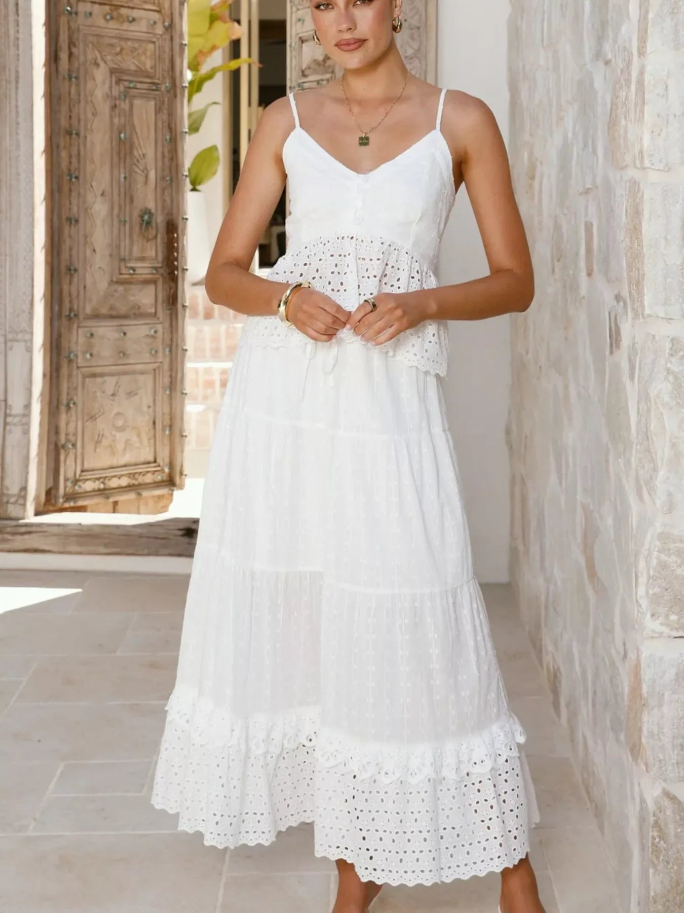 Eyelet V-Neck Cami and Skirt Set