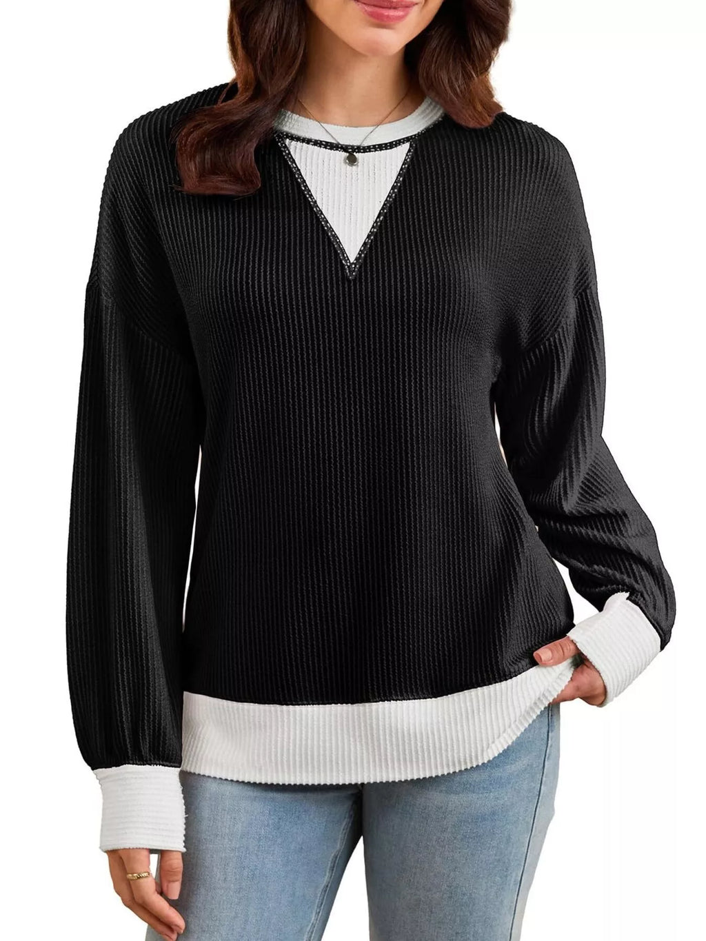 Two-Tone Ribbed Knit Sweatshirt