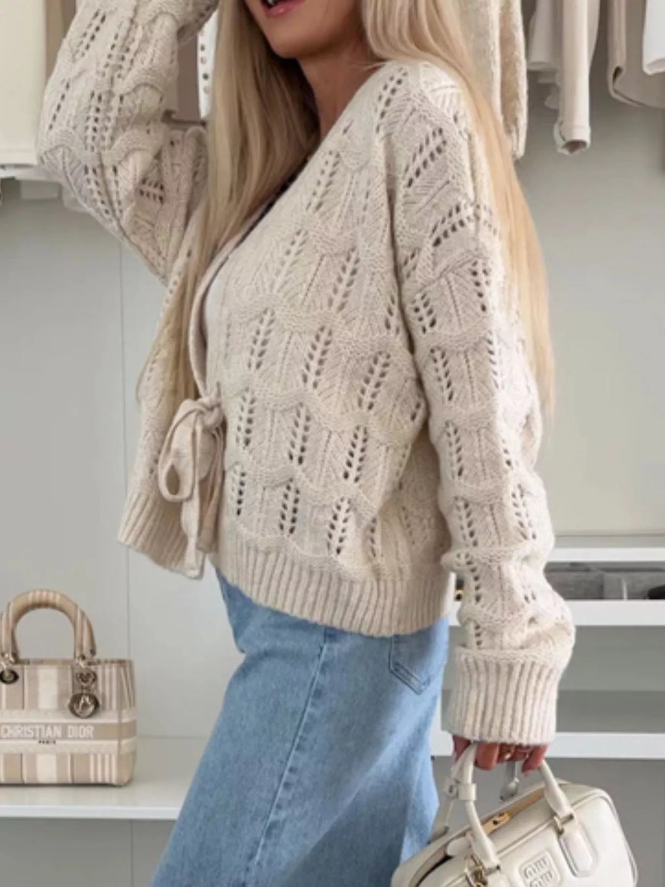 Tie-Front Openwork Cardigan