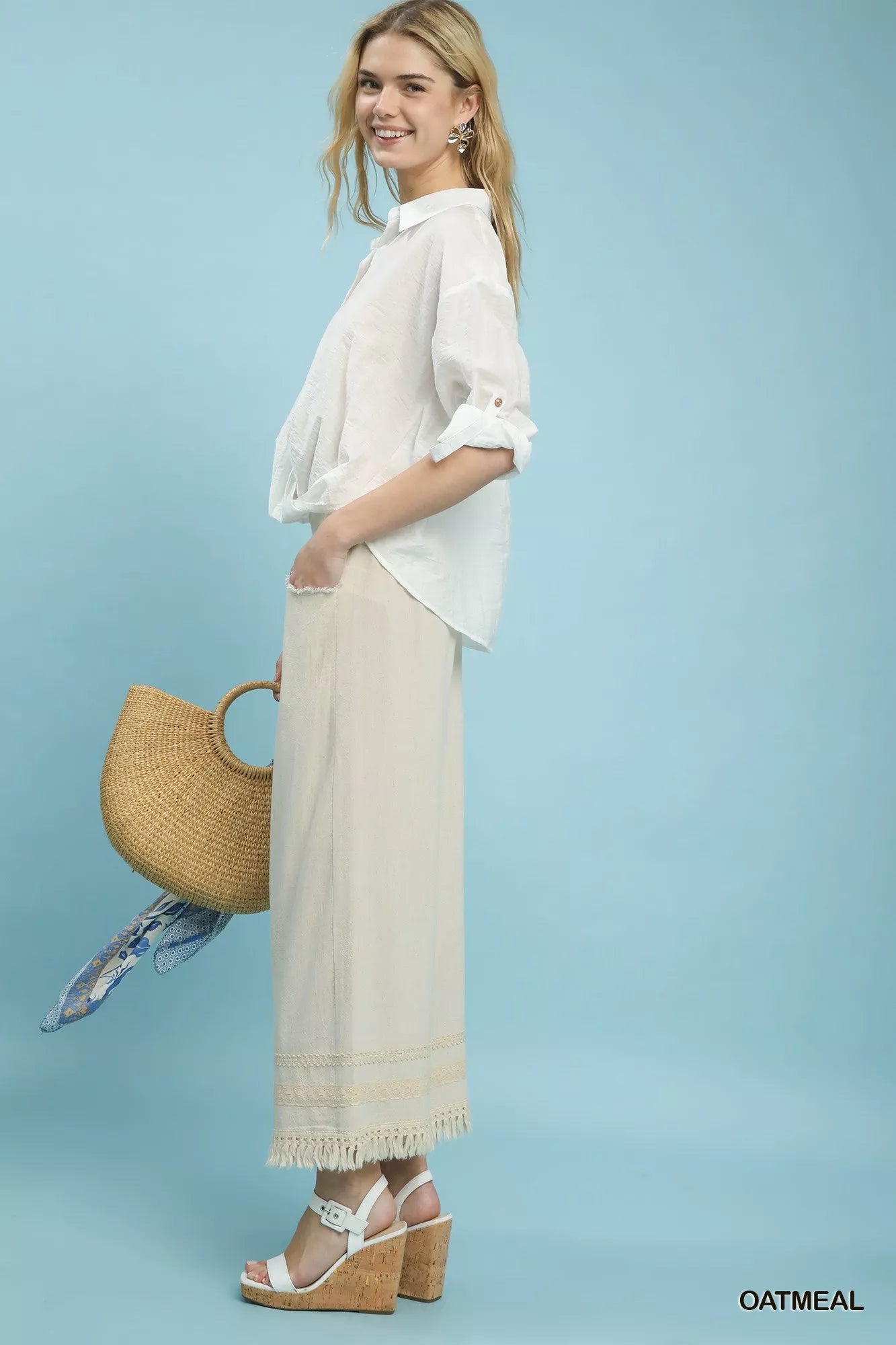 Umgee Lace Trim Fringe Hem Wide Leg Pants