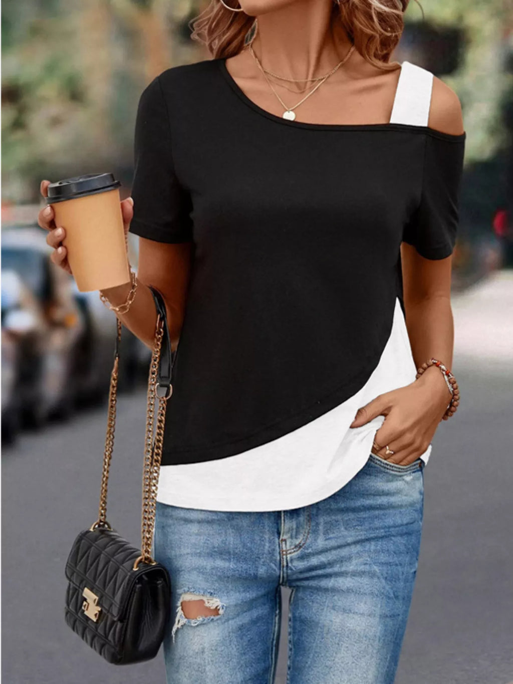 Asymmetrical Cold Shoulder Color Block T-Shirt