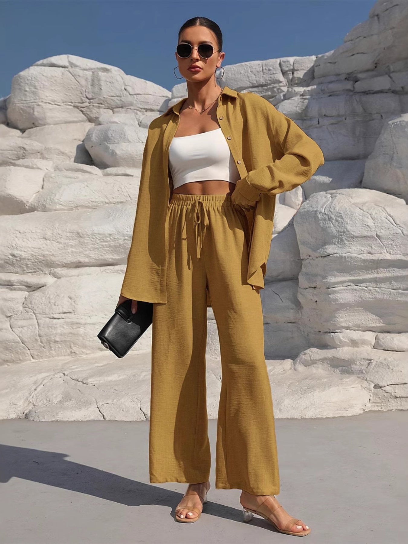 Button Up Long Sleeve Shirt and Pants Set