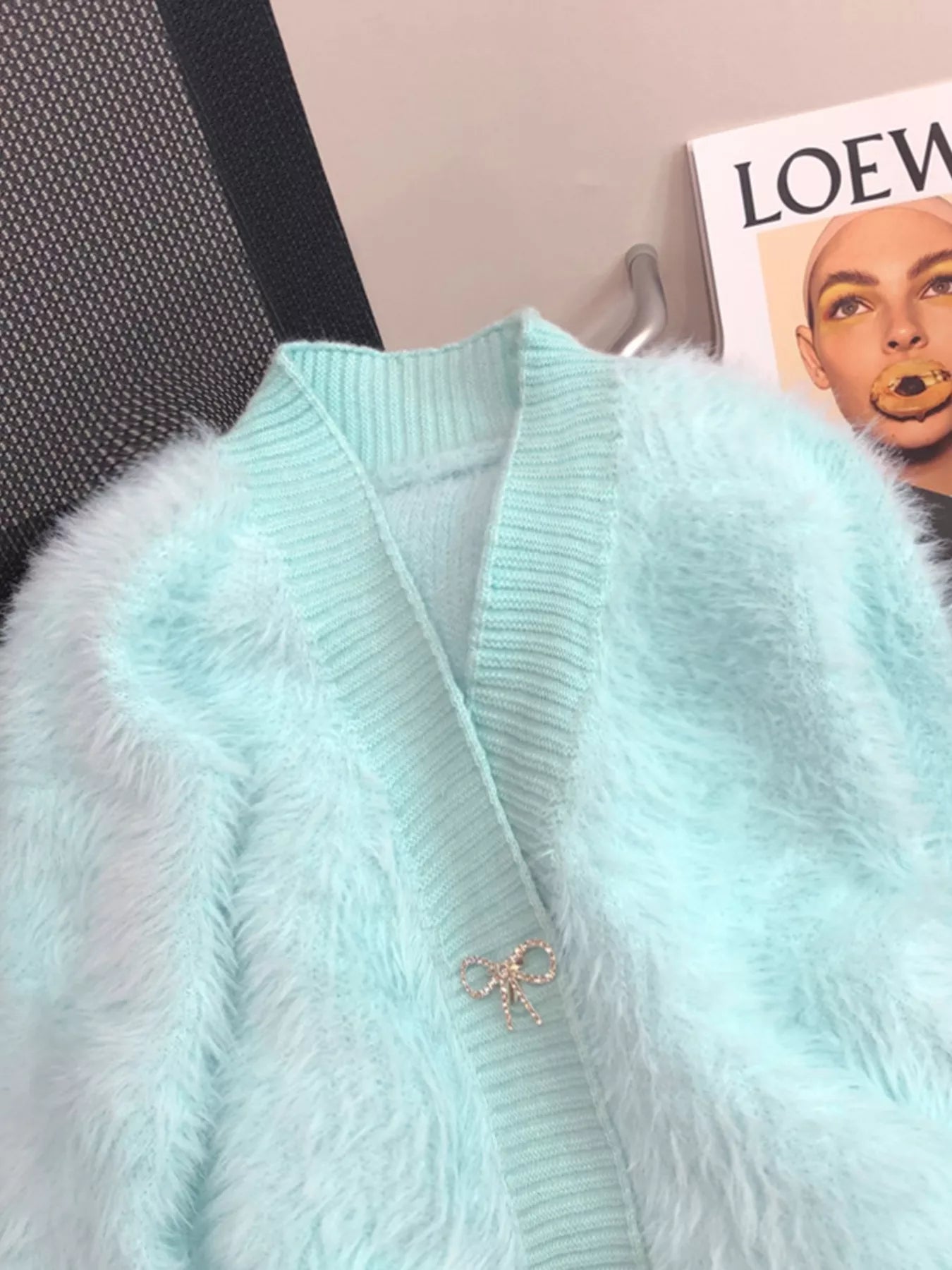Fuzzy Bow Button Up Cardigan