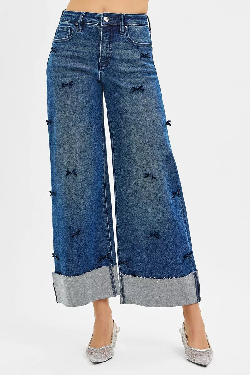 RISEN High Rise Crop Wide Leg Ribbon Detail Jeans