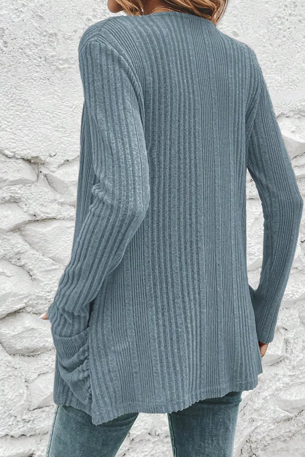 Ribbed Knit Open Front Cardigan with Pockets