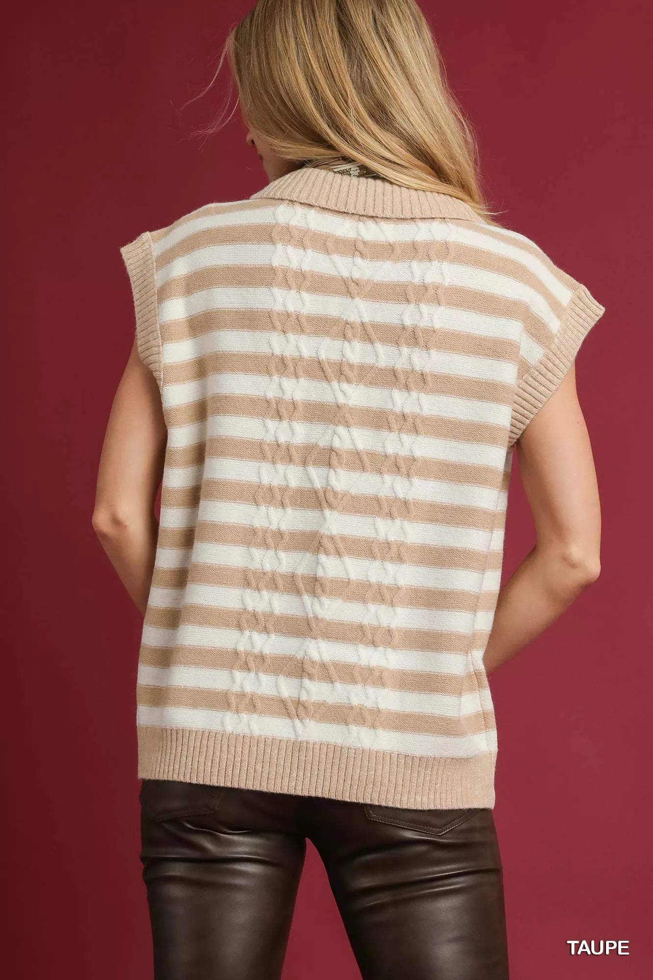 Umgee Cable Knit Collared Striped Vest Sweater
