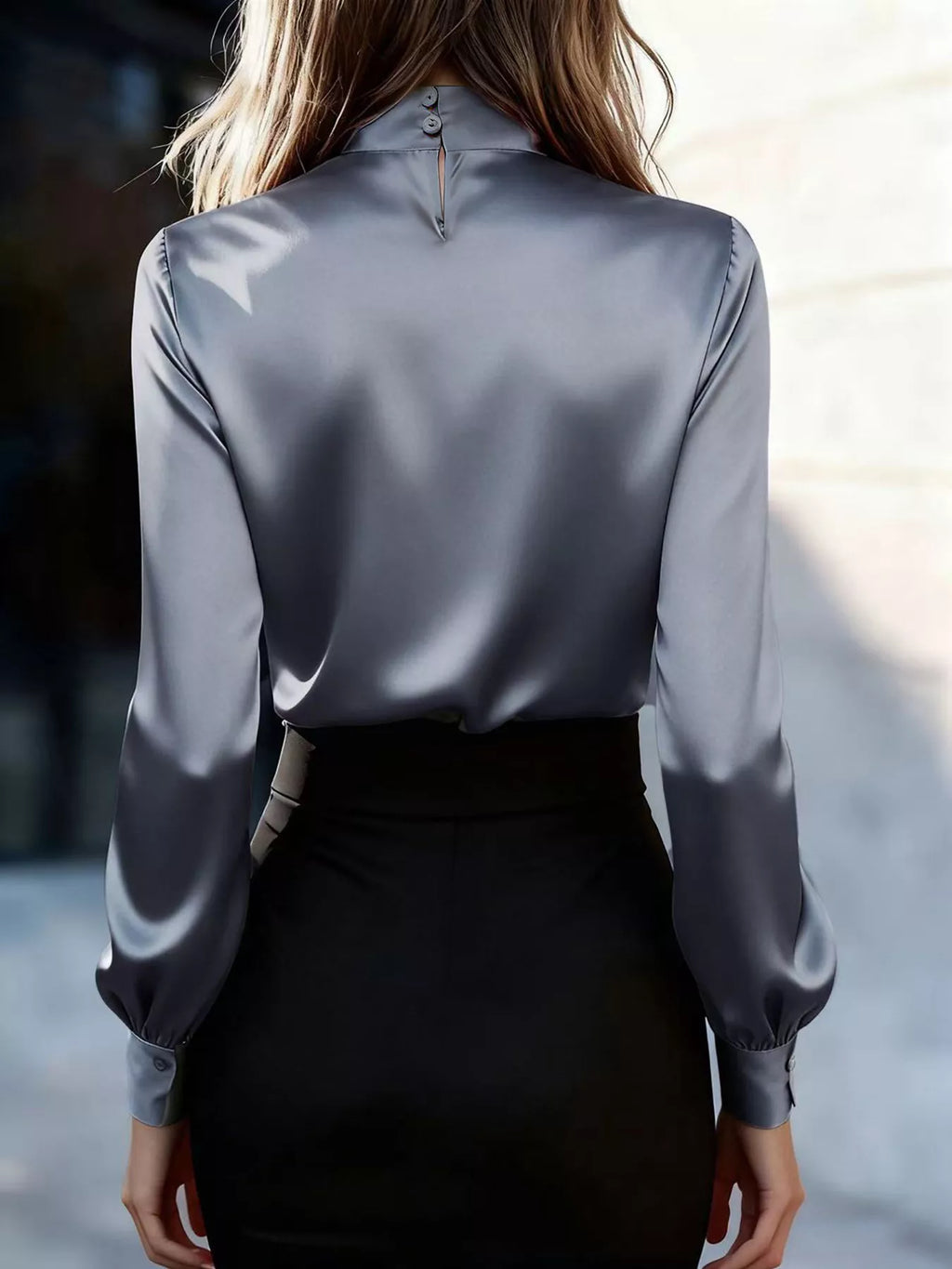 Satin Bow Tie Long Sleeve Blouse