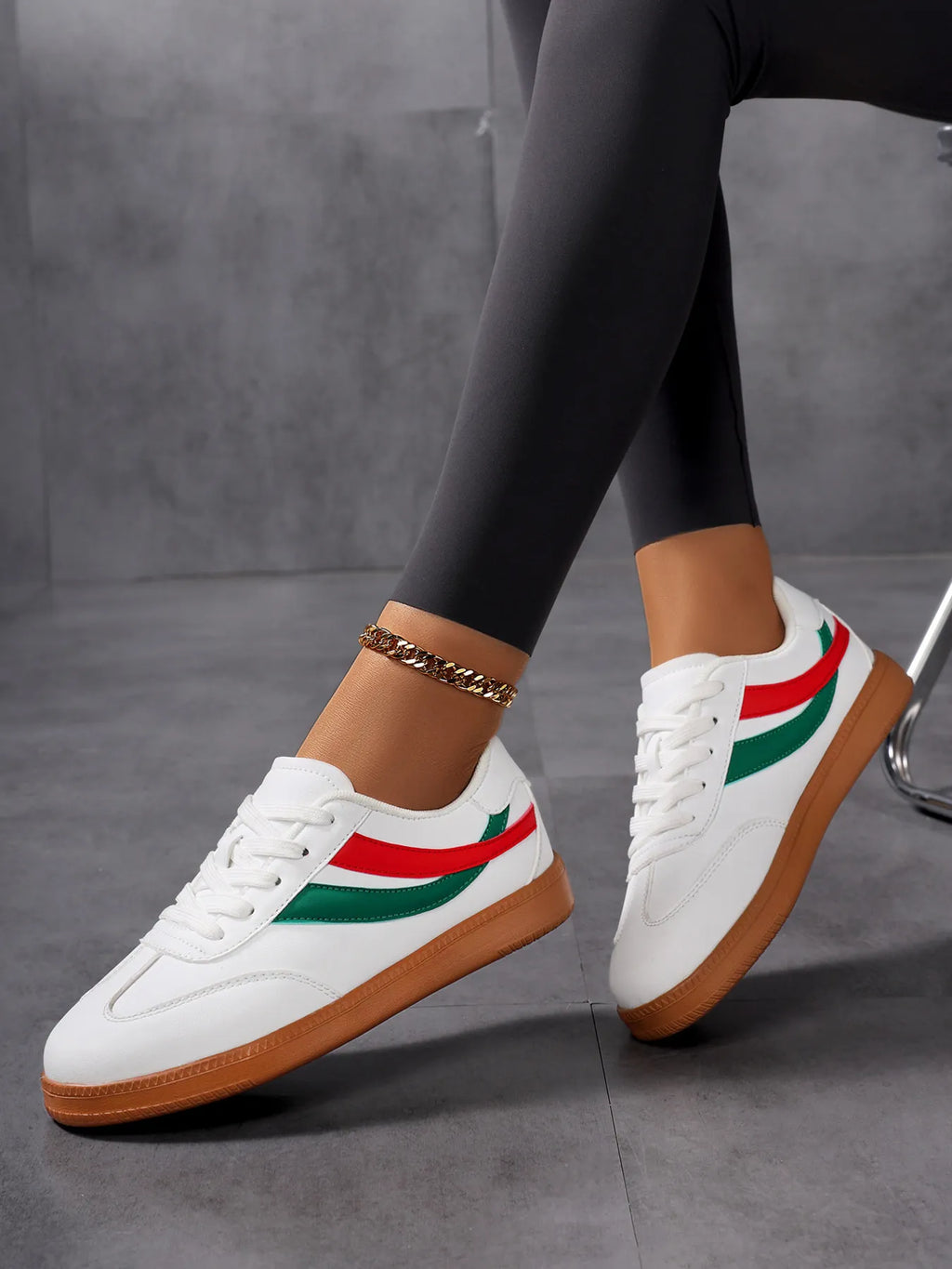 Lace Up Flat Sneakers with Stripe Accent