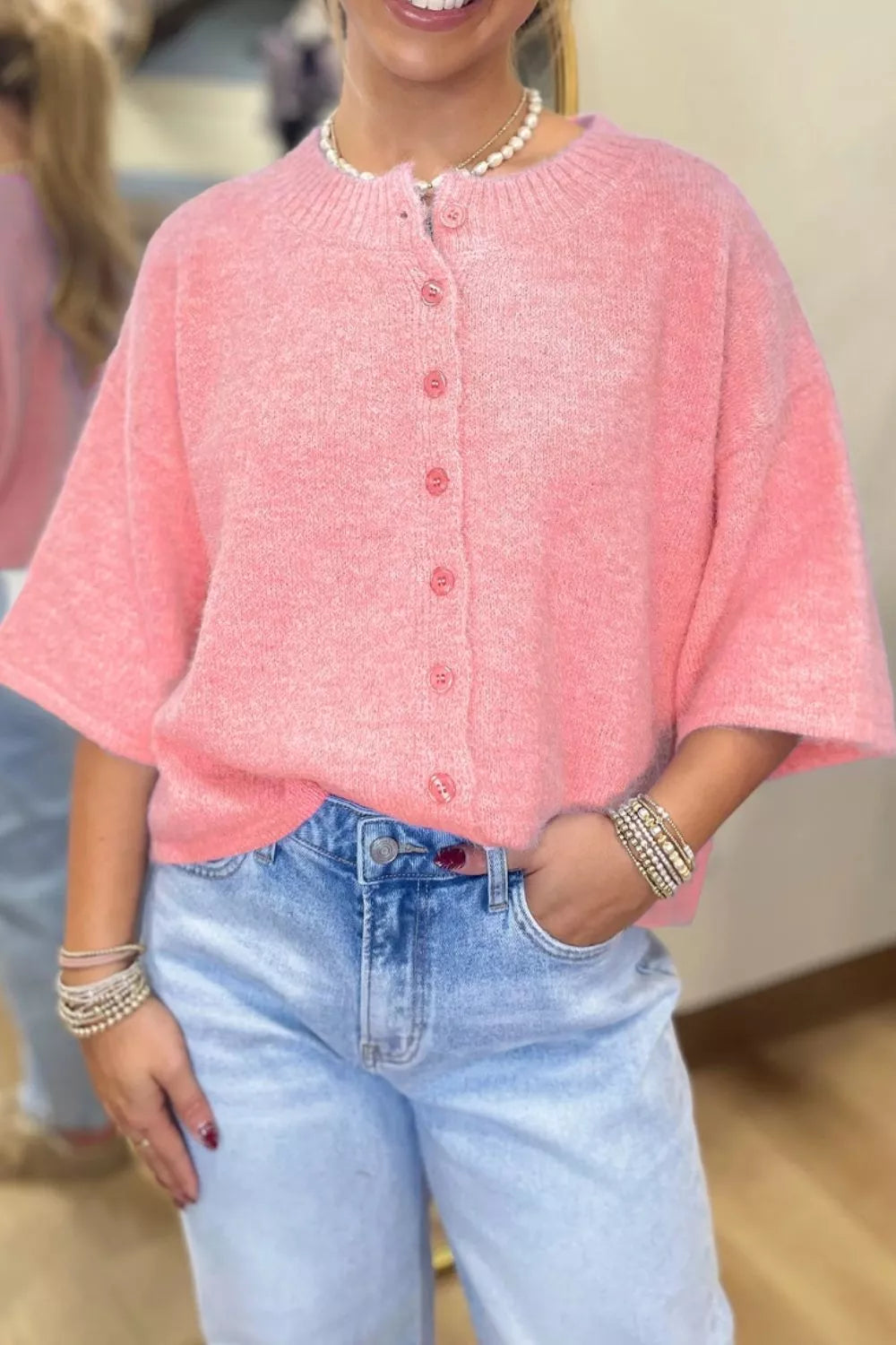 Blossom 3/4 Sleeve Boxy Knit Button Down Sweater Cardigan