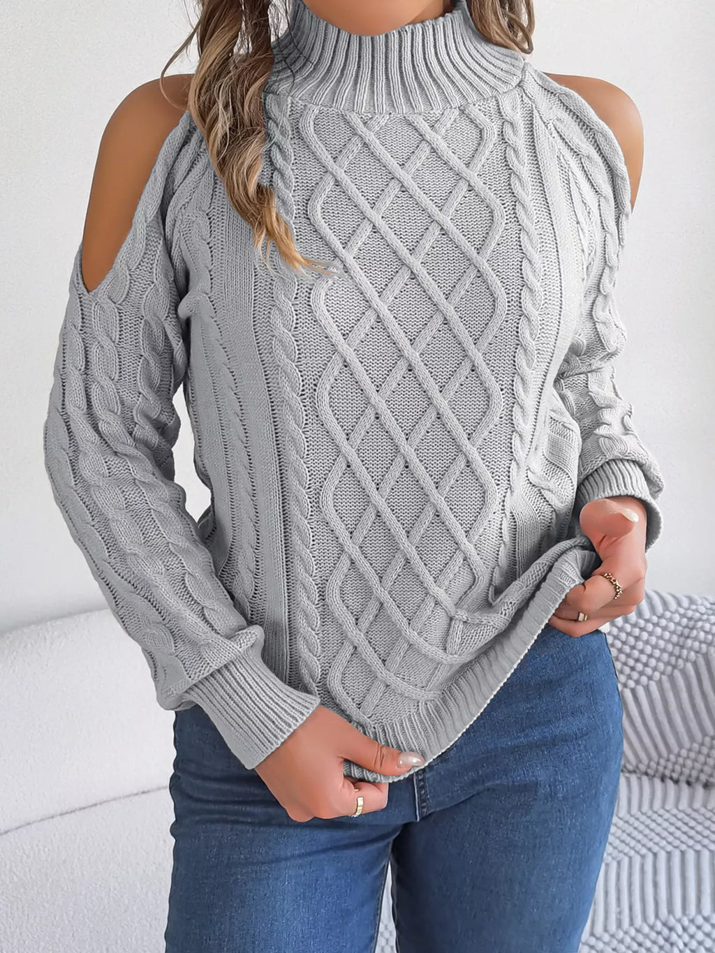 Cable Knit Cold Shoulder Turtleneck Sweater