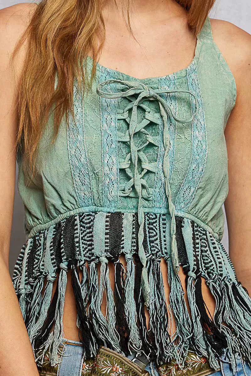 POL Lace-Up Fringe Hem Tank with Lace Detail