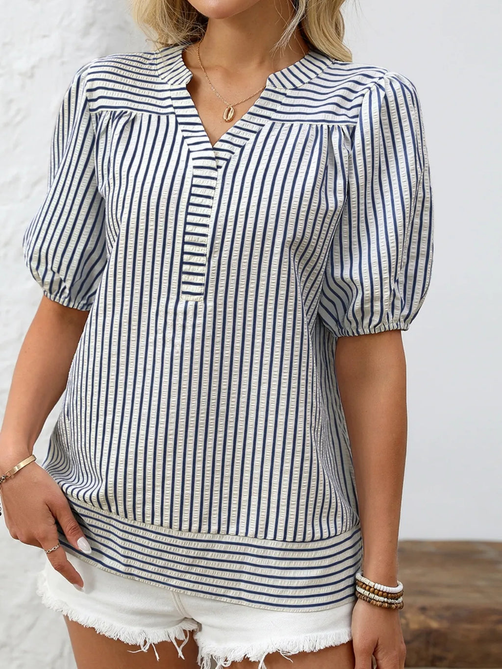 Striped Notched Puff Sleeve Blouse