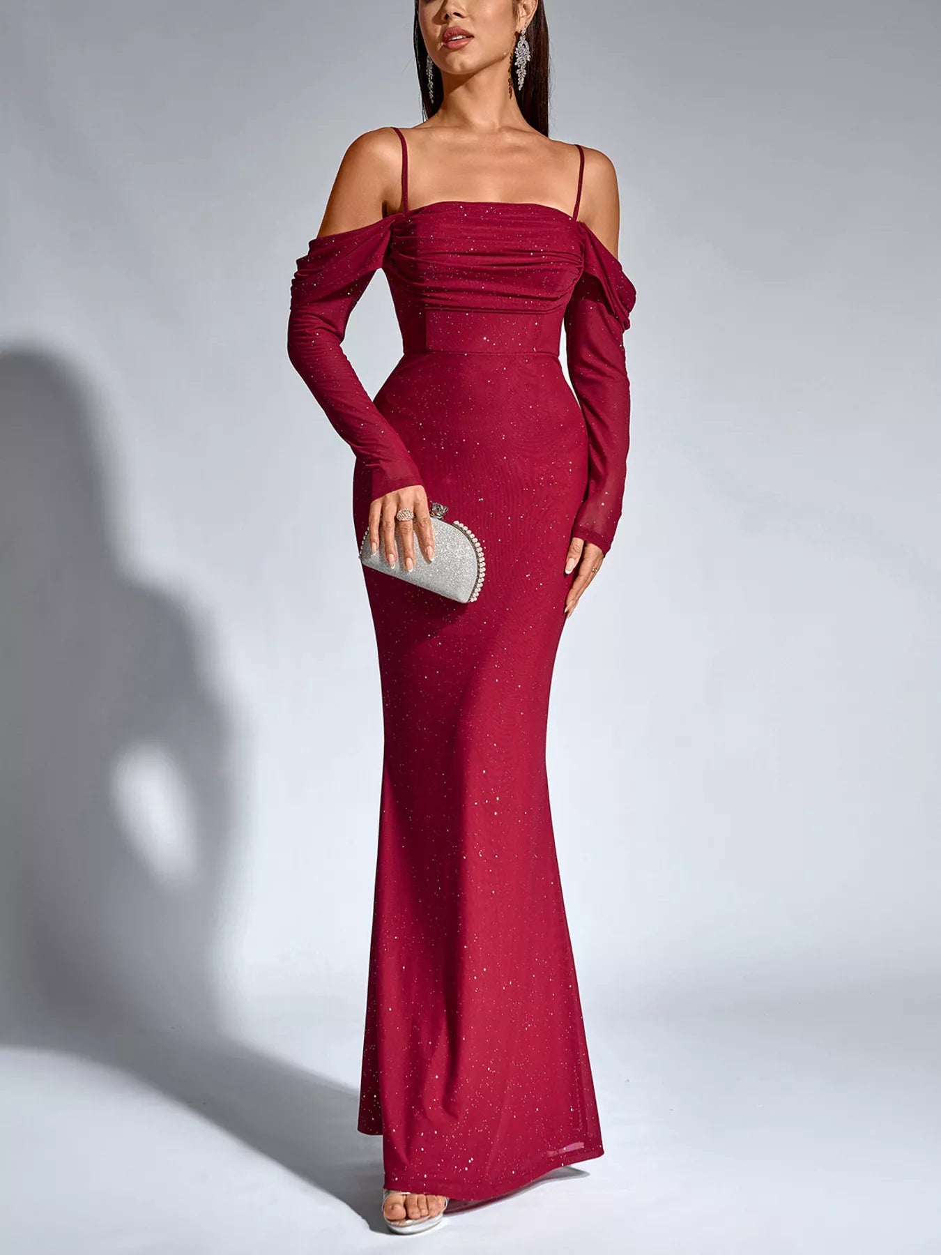 Glitter Ruched Long Sleeve Mermaid Maxi Dress