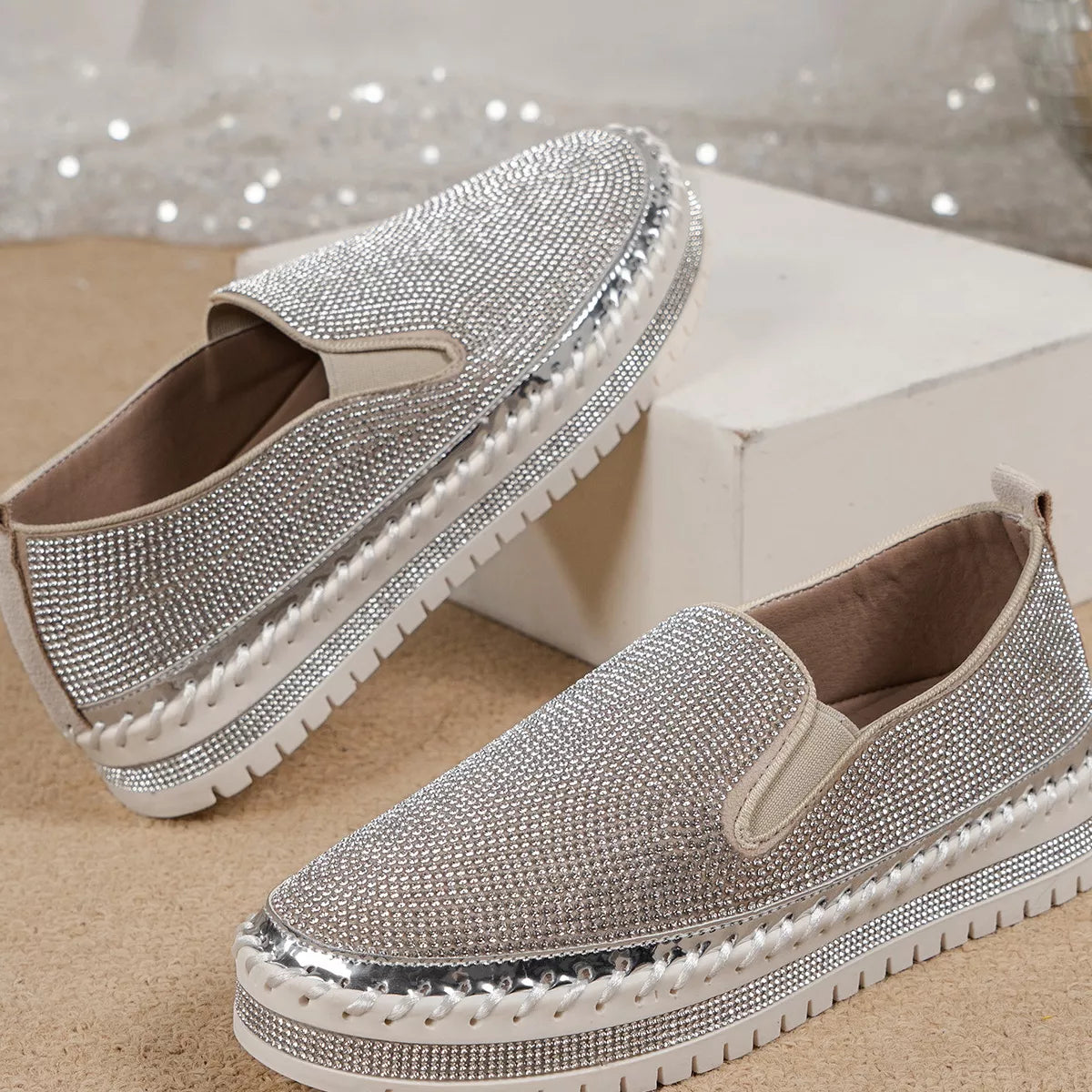 Rhinestone Round Toe Platform Loafers