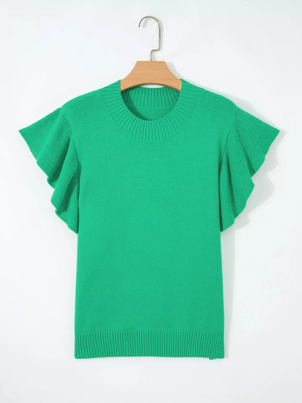 Solid Color Ribbed Trim Round Neck Ruffle Short Sleeve Sweater