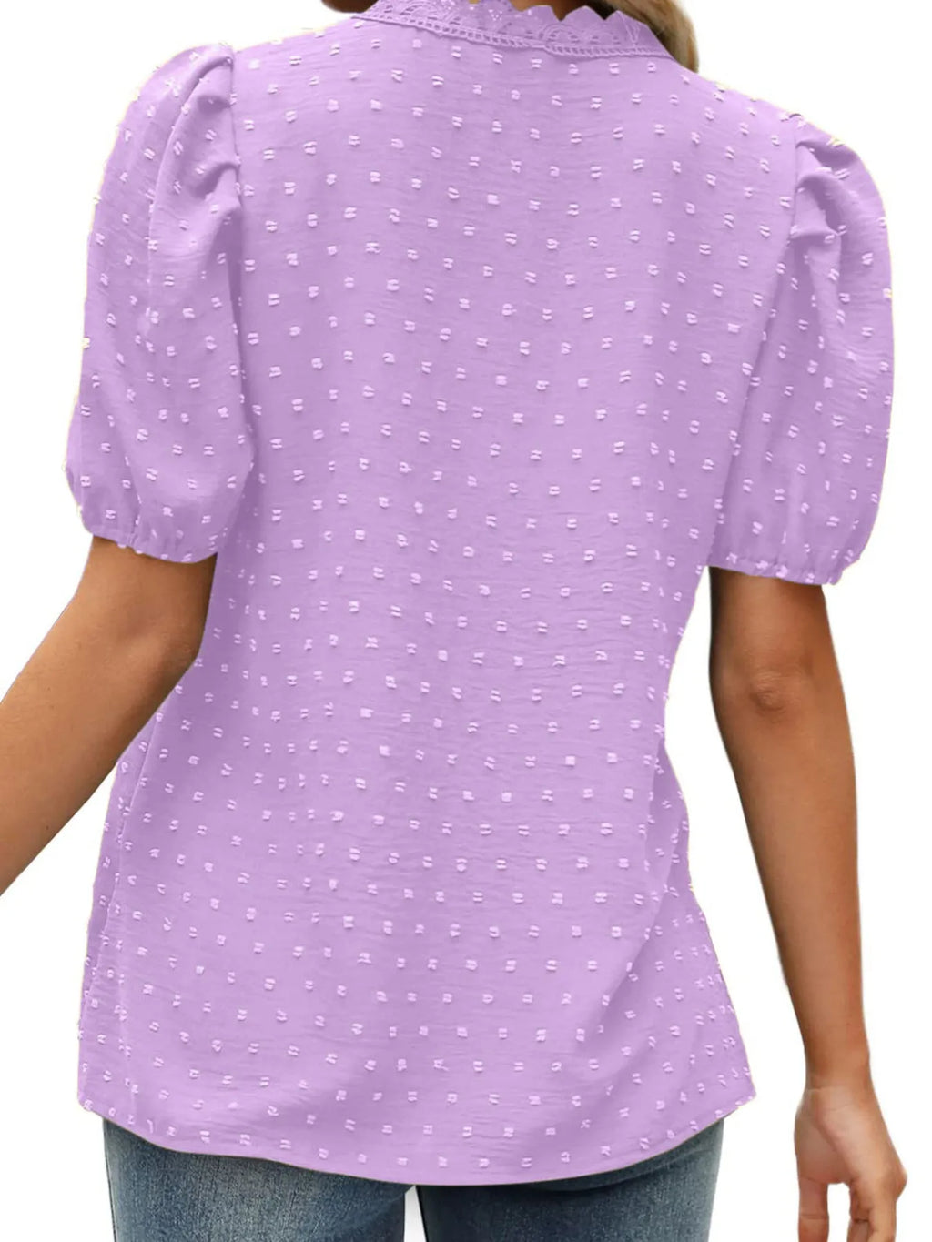 Puff Sleeve Swiss Dot Lace Trim Blouse