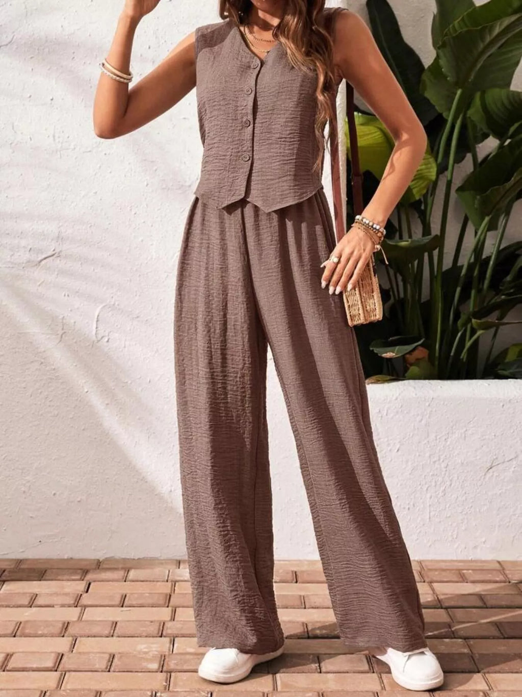 Button-Down Vest & Wide Leg Pants Set
