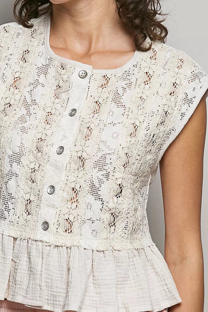 POL Round Neck Lace Sleeveless Top with Double Gauze Ruffle