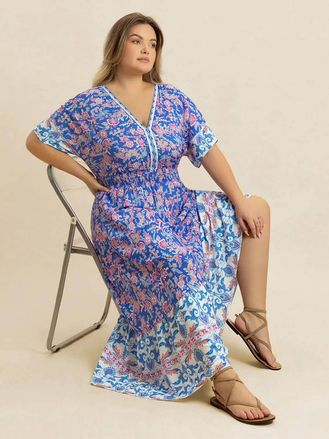 Plus Size Smocked Printed Half Sleeve Midi Dress