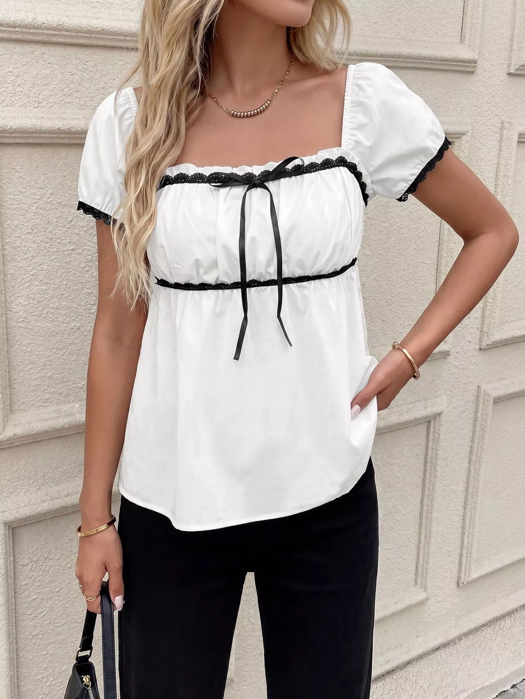 Lace Trim Bowknot Short Sleeve Blouse