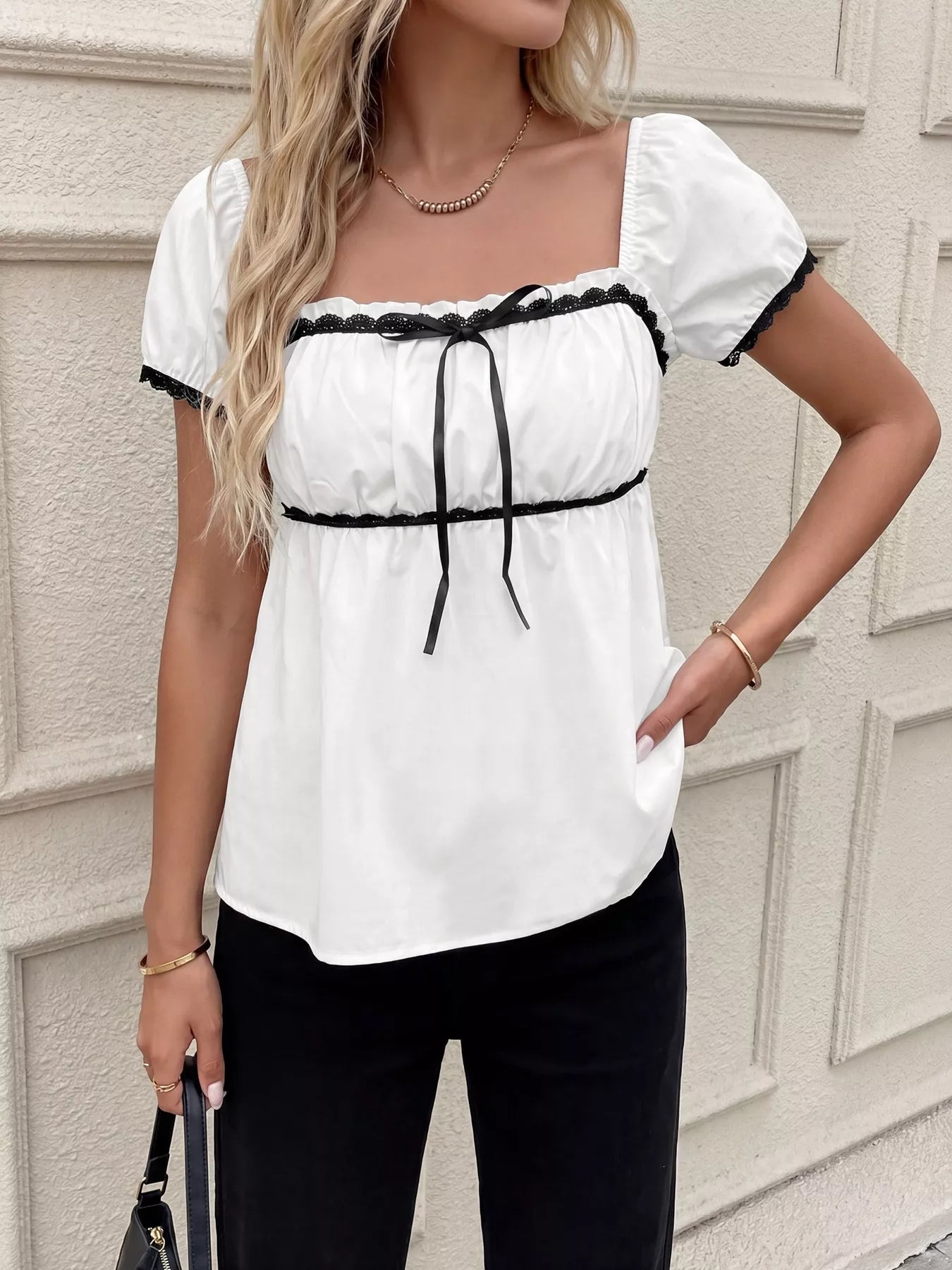 Lace Trim Bowknot Short Sleeve Blouse