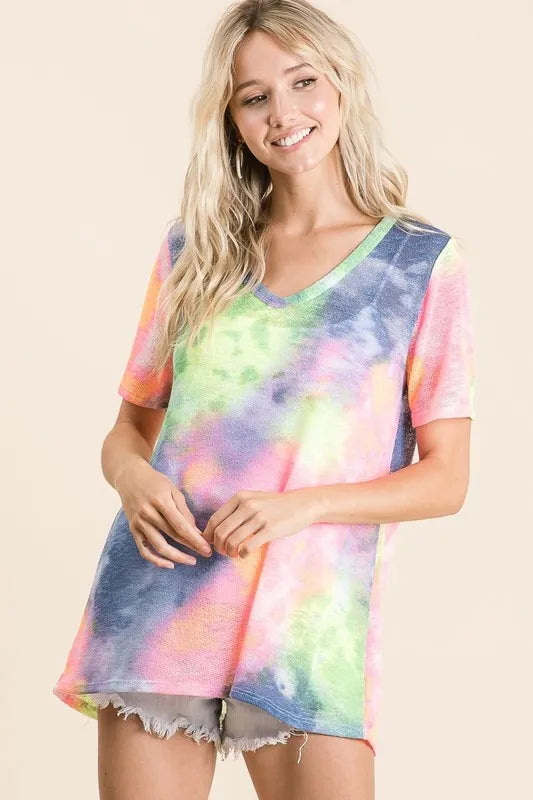 BiBi Tie Dye Print Low Gauge Deep U Neck Top