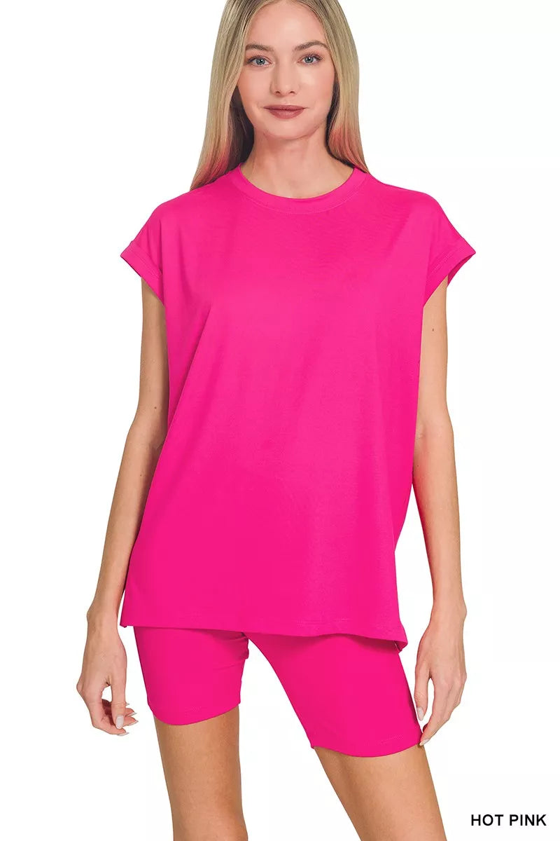 Zenana Brushed Dty Microfiber Top & Biker Shorts