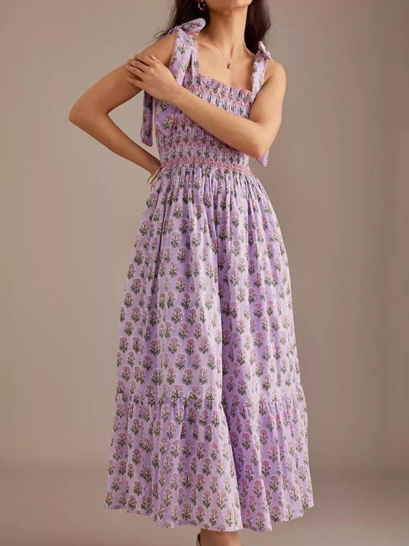 Floral Smocked Tie-Shoulder Midi Dress