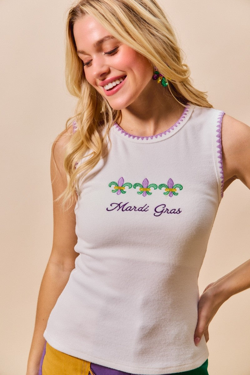 SO ME Mardi Gras Tank Top With Contrast Blanket Stitch