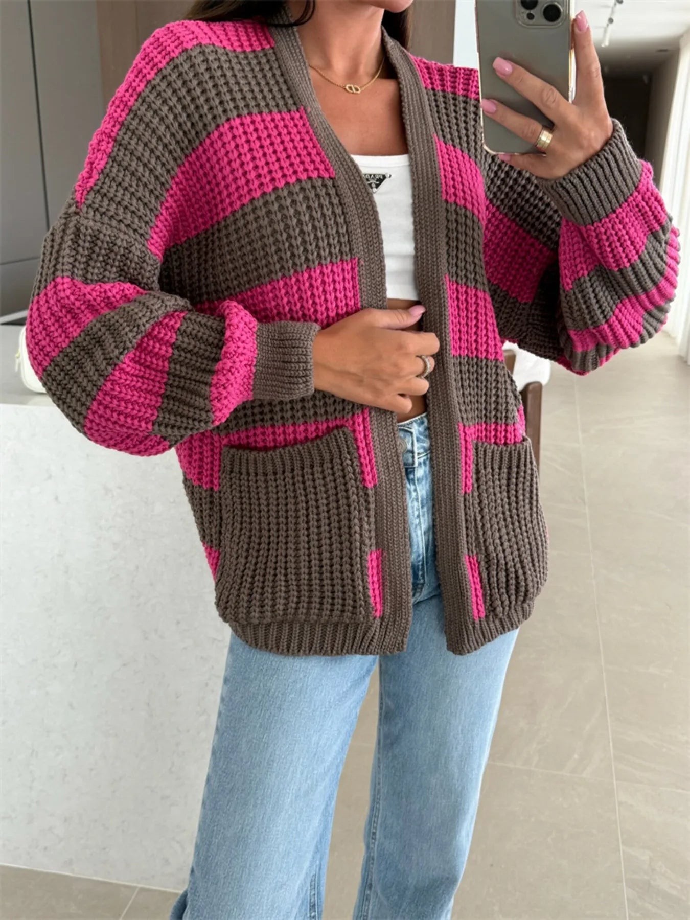 Striped Open Front Long Sleeve Cardigan