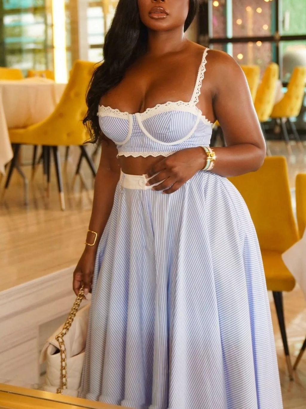 Striped Lace Trim Cami and Skirt Two-Piece Set