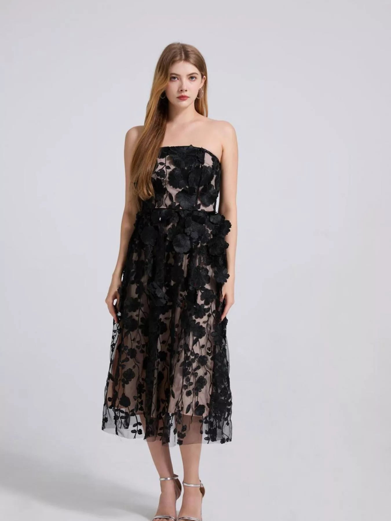 Floral Applique Strapless Midi Dress