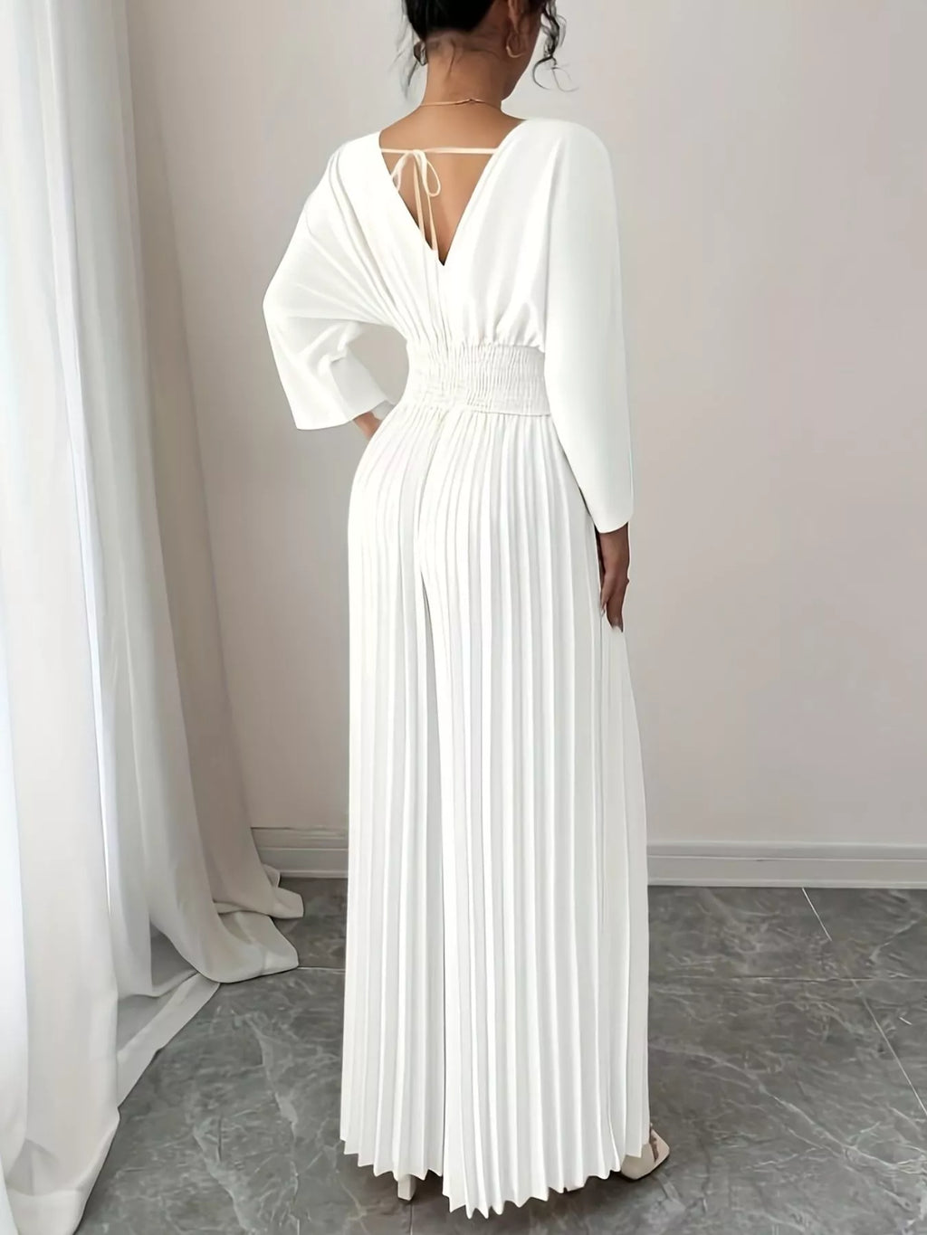 Surplice Pleated Wide Leg Jumpsuit