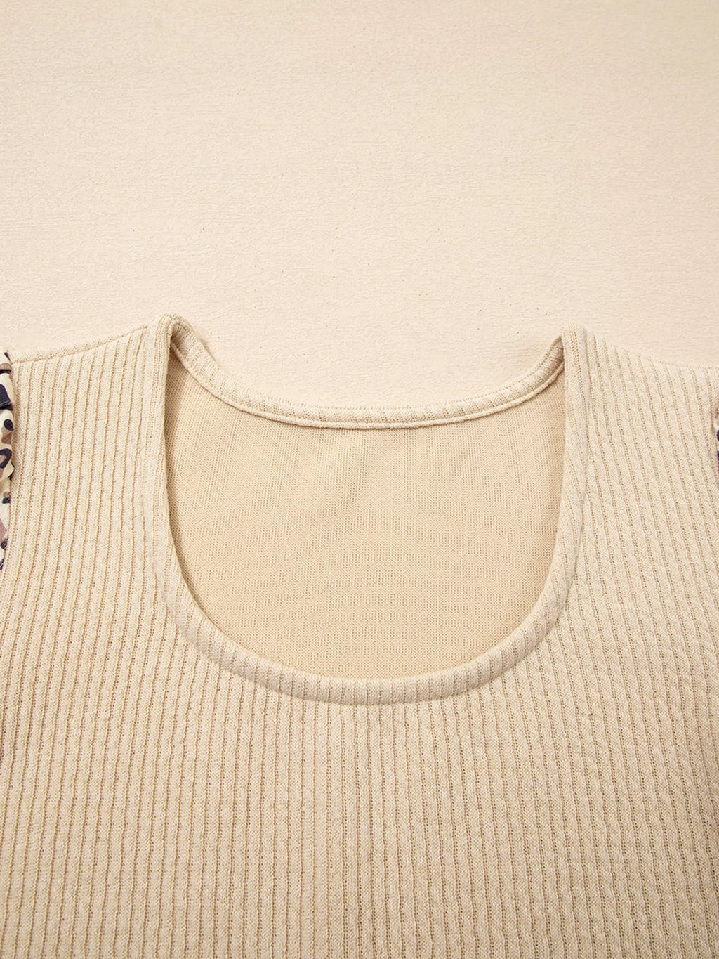 Leopard Sleeve Patchwork Ribbed Knit U Neck Top