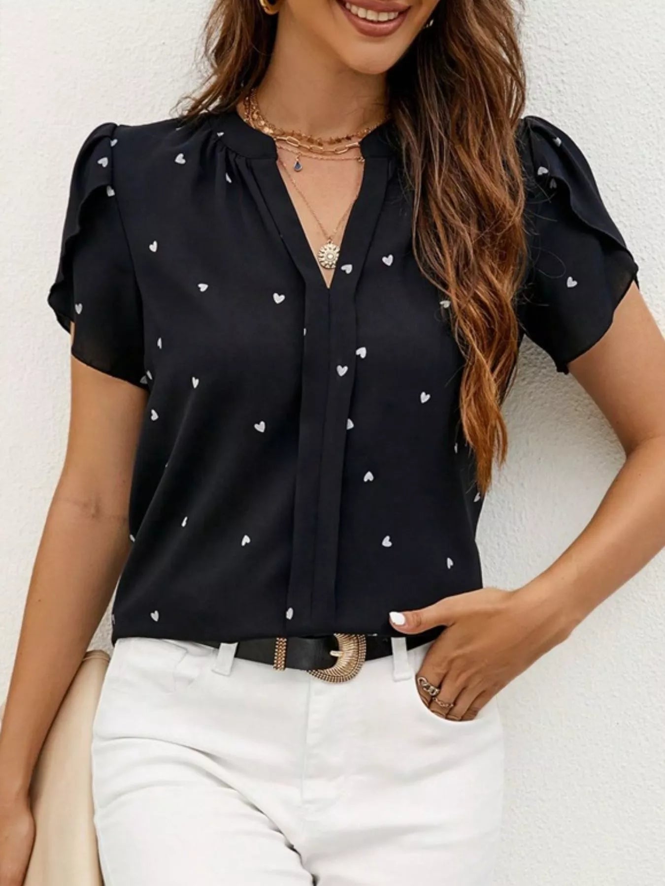 Heart Print Petal Sleeve Blouse
