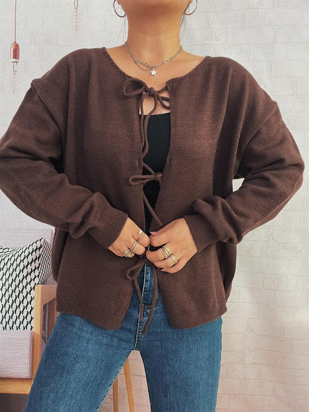 Tie Front Drop Shoulder Cardigan