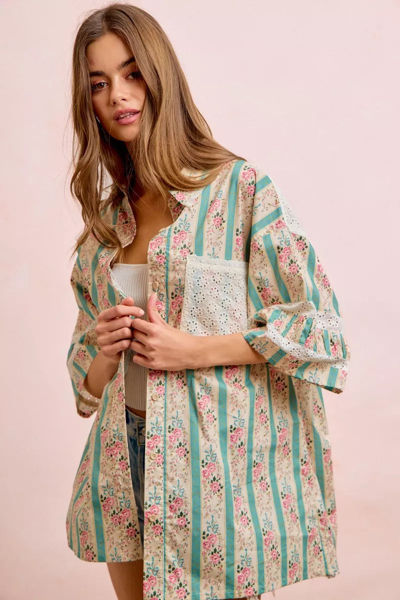 BiBi Eyelet Lace And Floral Mix And Match Shirt Top