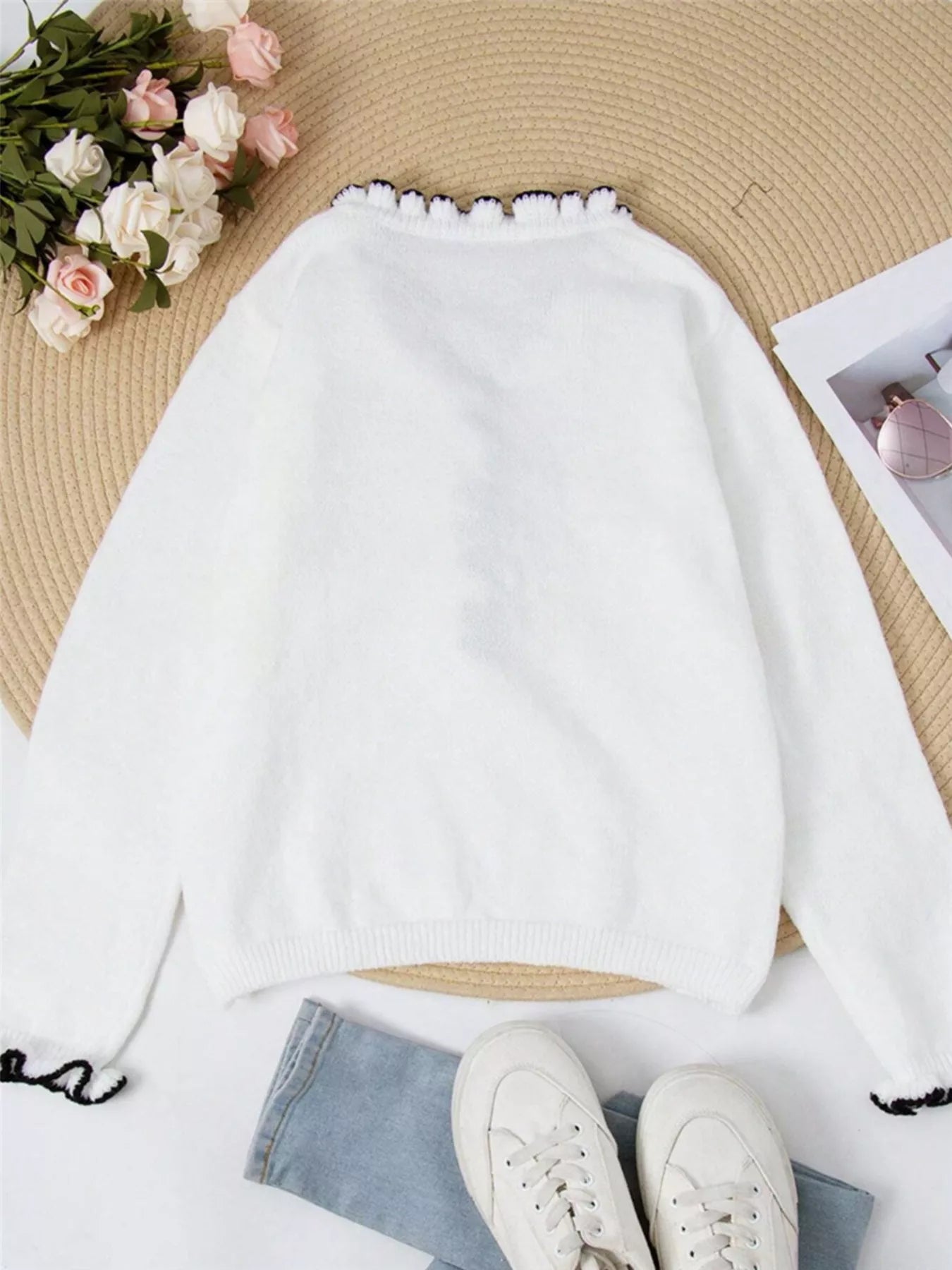 Ruffled Trim Button Front Sweater