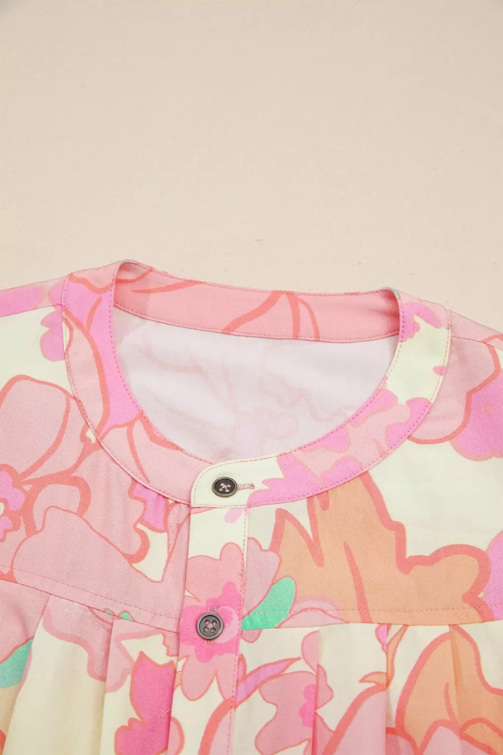 Floral Print Button Down Pintuck Short Sleeve Shirt