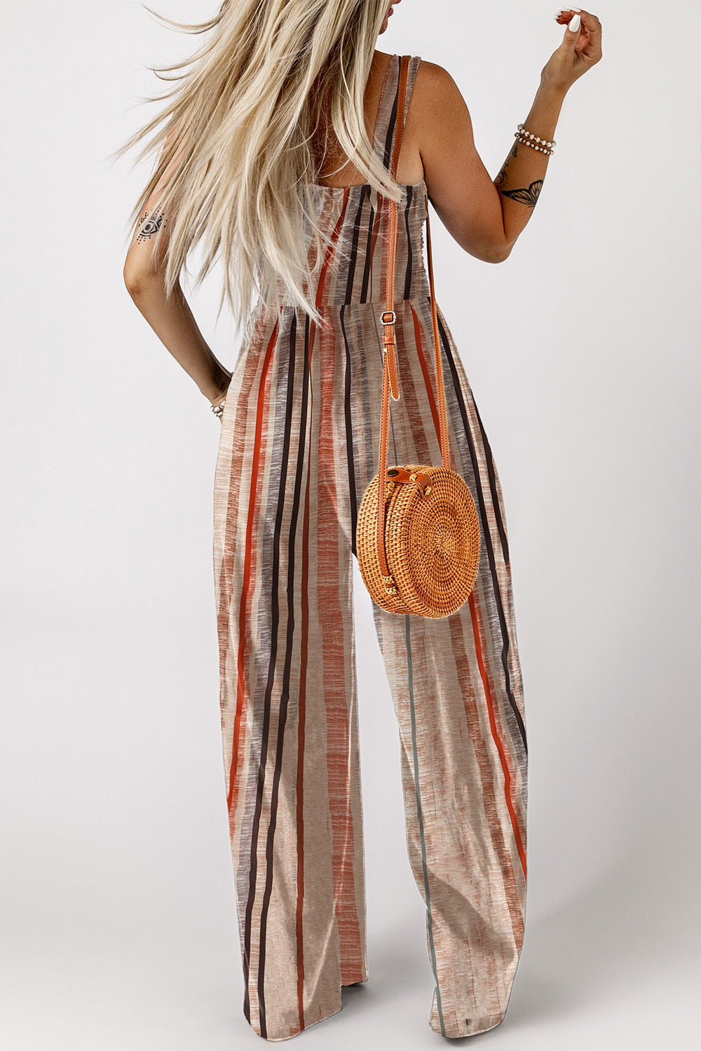 Stripe Square Neck Sleeveless Smocked Bodice Wide Leg Jumpsuit