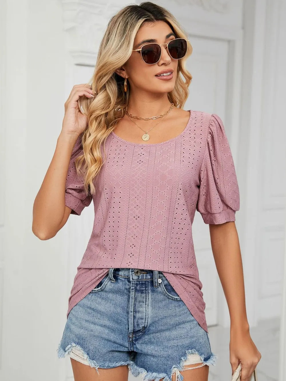Ruched Notched Long Sleeve T-Shirt