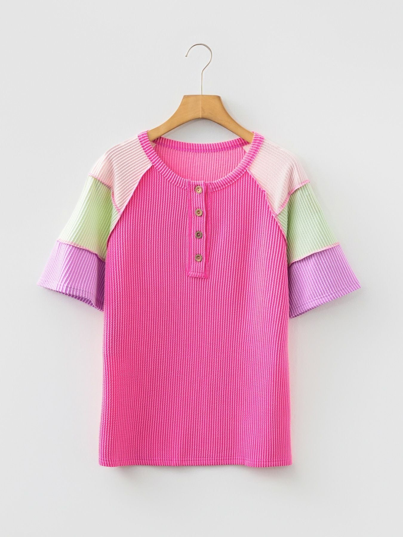 Twisted Rib Color Block Patchwork Short Sleeve Henley Top