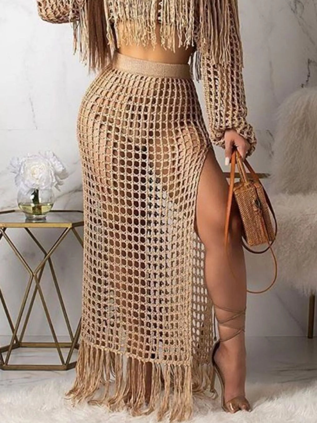 Full Size Crochet Off-Shoulder Fringe Top and Skirt Set Plus Size